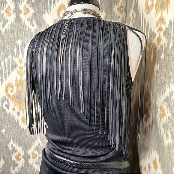 Ralph Lauren Black Label Jet Black Leather Fringe Tank Top - Picture 1 of 16